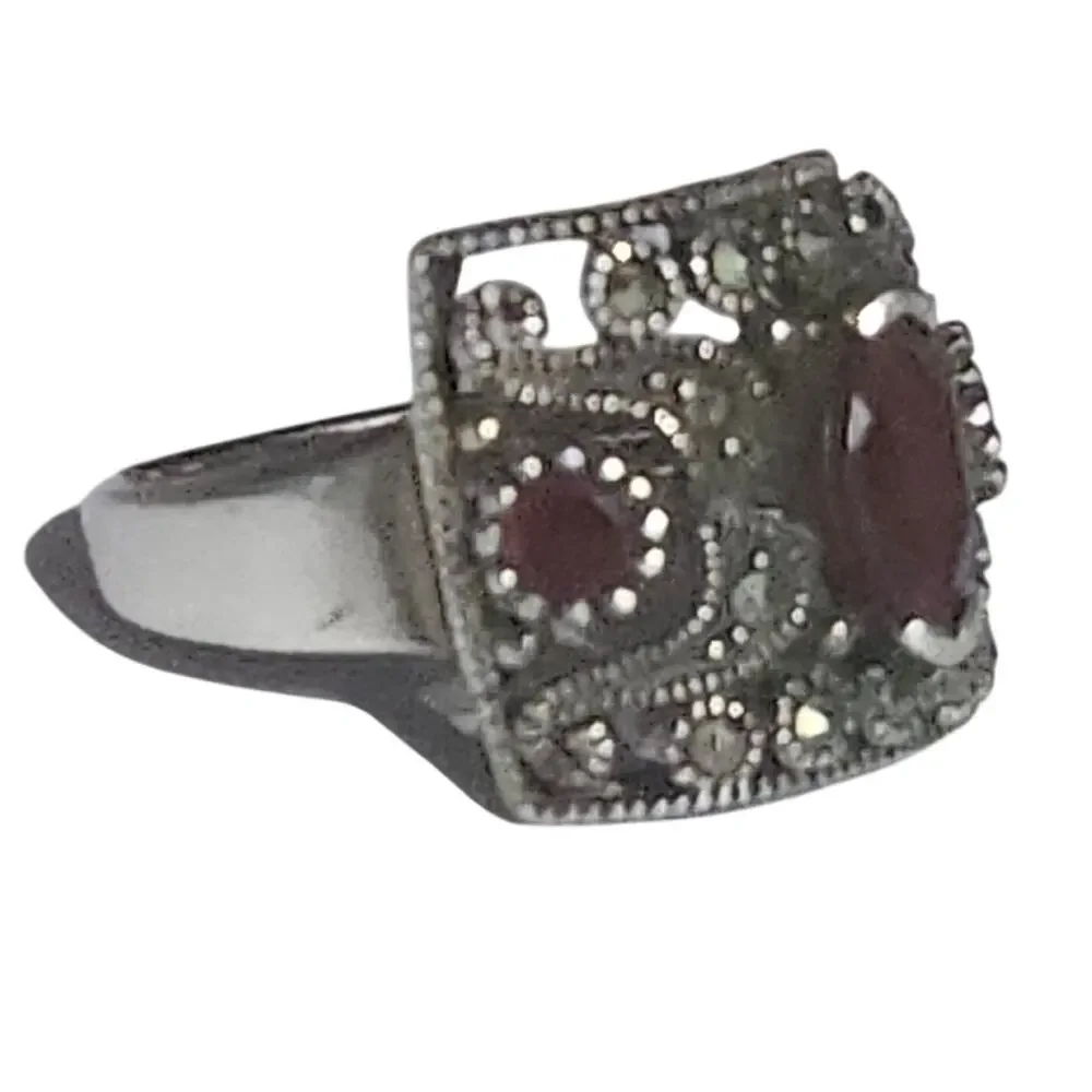 Vtg Thai 925 Sterling Silver Garnet Marcasite Art Deco Statement Ring Sz 9.25
